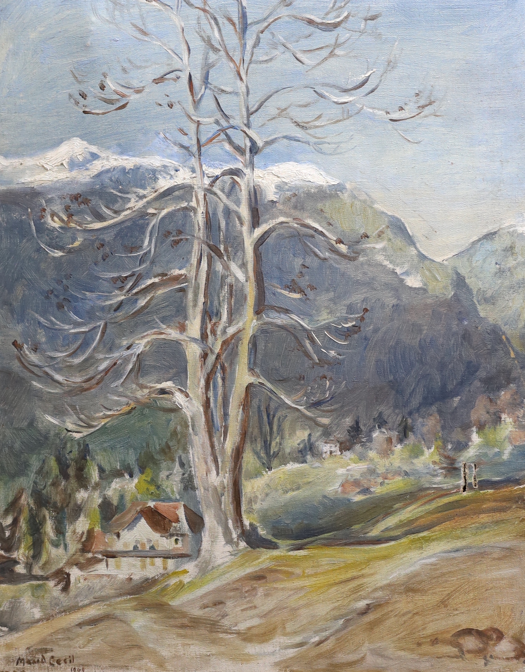 Hon. Maud Cecil (1904-1981), oil on canvas, Swiss mountainous landscape with chalets, signed and dated 1949, 50 x 40cm, unframed